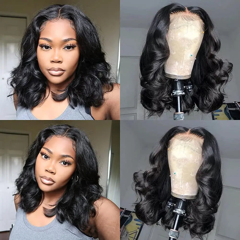 Lace Front Bob Wig | Short Body Wave, HD Closure, Brazilian Virgin Human Hair, Natural Black