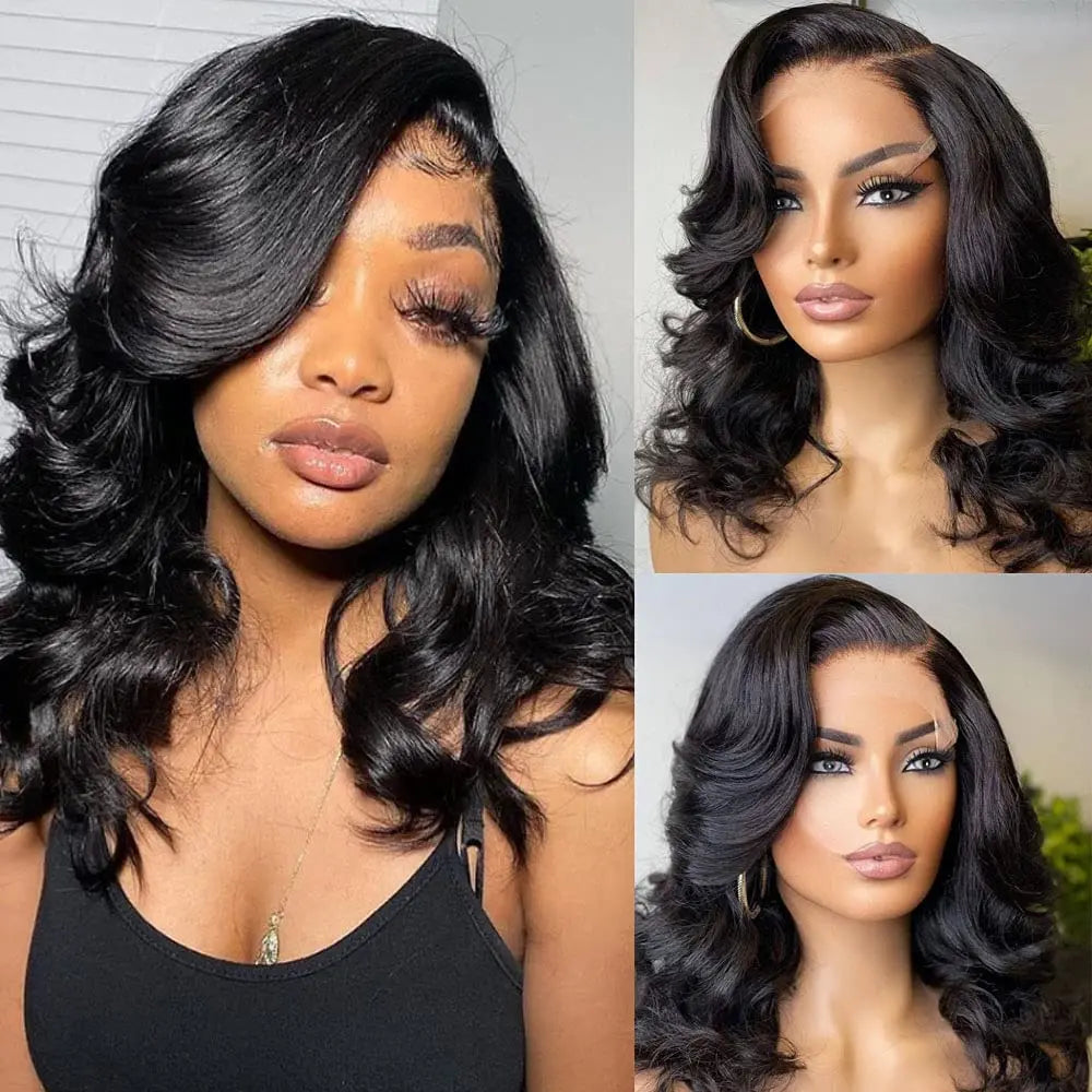 Lace Front Bob Wig | Short Body Wave, HD Closure, Brazilian Virgin Human Hair, Natural Black