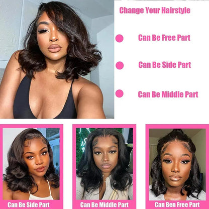 Lace Front Bob Wig | Short Body Wave, HD Closure, Brazilian Virgin Human Hair, Natural Black