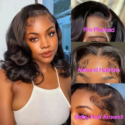 Lace Front Bob Wig | Short Body Wave, HD Closure, Brazilian Virgin Human Hair, Natural Black