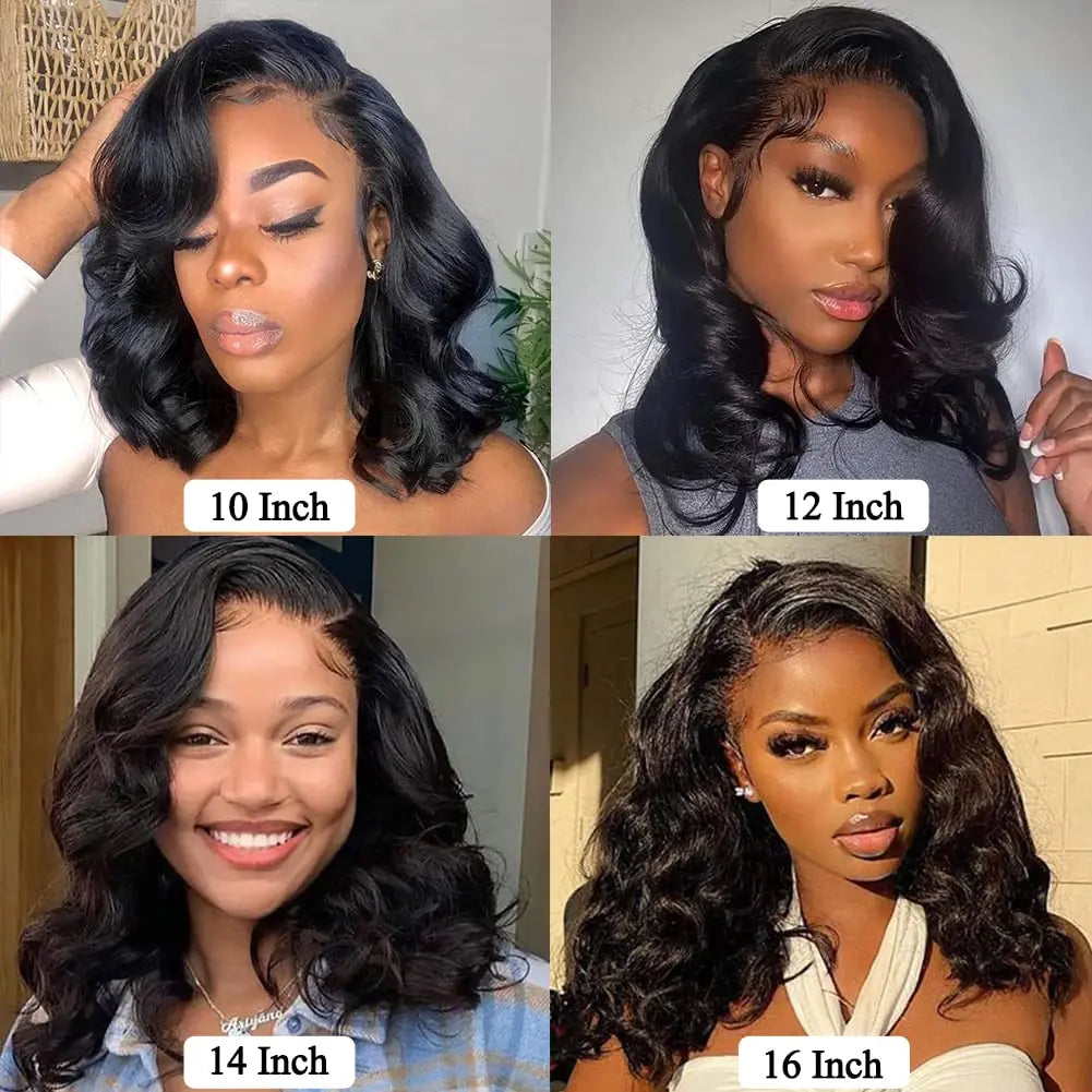 Lace Front Bob Wig | Short Body Wave, HD Closure, Brazilian Virgin Human Hair, Natural Black