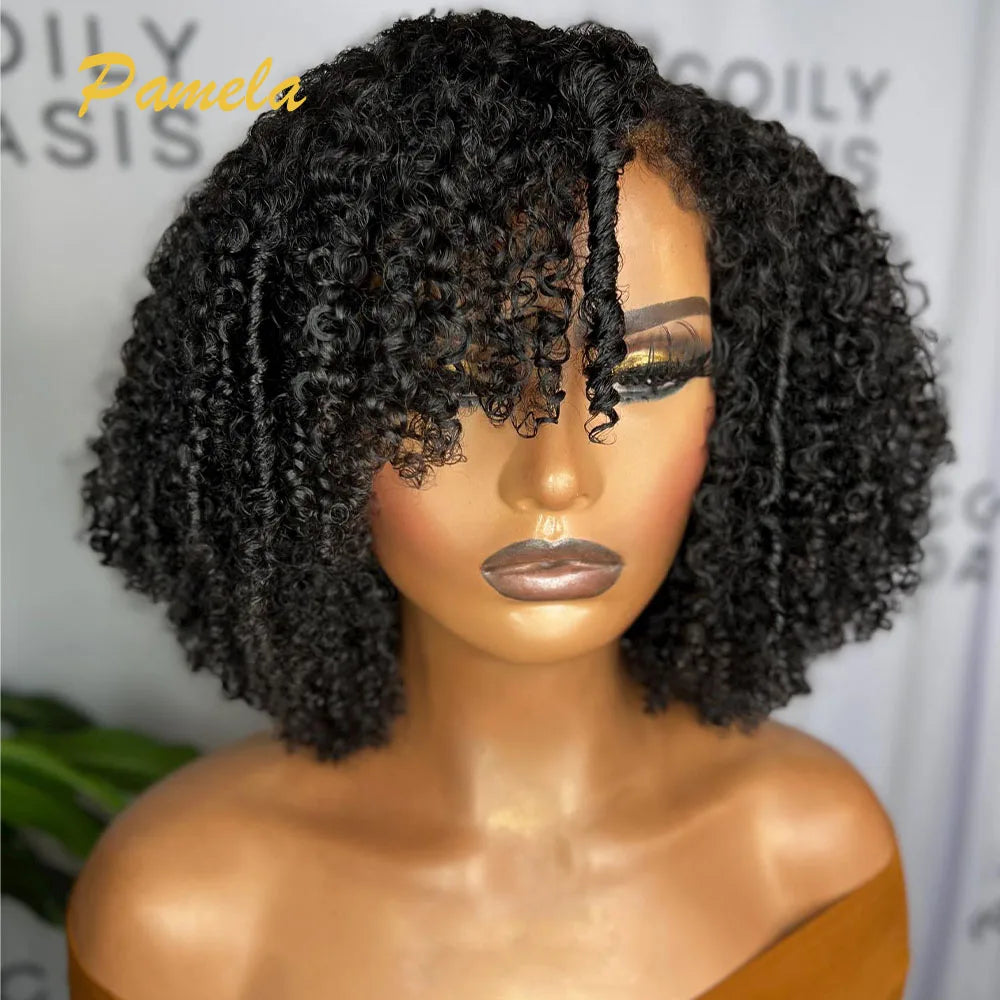 4C Kinky Edges Natural Hairline Glueless Wig Human Hair Ready To Go Curly Bob 13x4 Transparent Lace Front Wig With Bady Hair