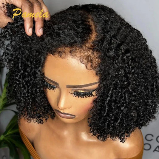 4C Kinky Edges Natural Hairline Glueless Wig Human Hair Ready To Go Curly Bob 13x4 Transparent Lace Front Wig With Bady Hair