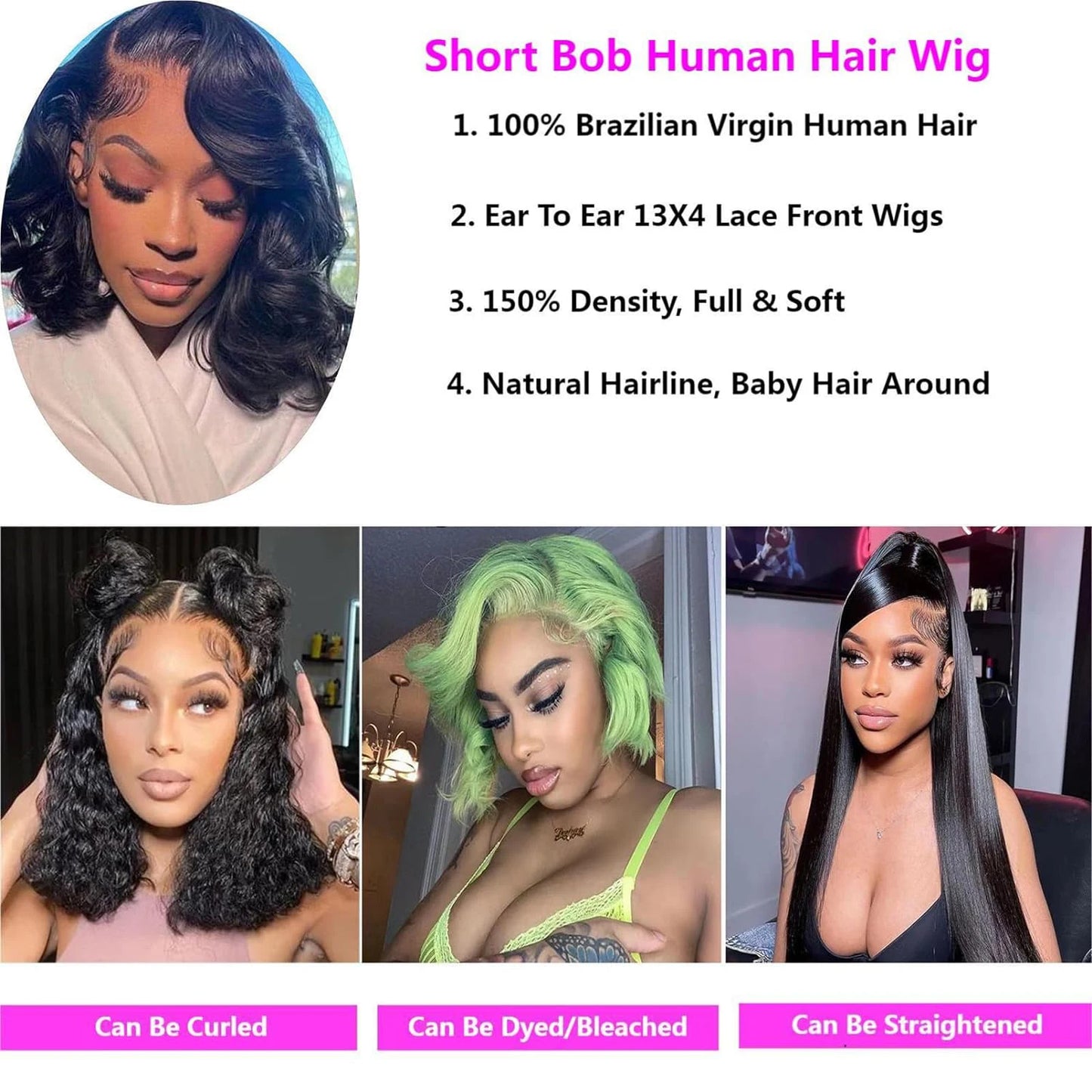 Lace Front Bob Wig | Short Body Wave, HD Closure, Brazilian Virgin Human Hair, Natural Black