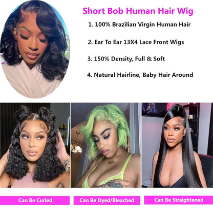 Lace Front Bob Wig | Short Body Wave, HD Closure, Brazilian Virgin Human Hair, Natural Black