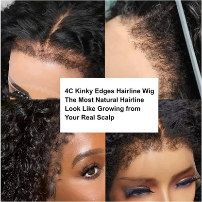 4C Kinky Edges Natural Hairline Glueless Wig Human Hair Ready To Go Curly Bob 13x4 Transparent Lace Front Wig With Bady Hair