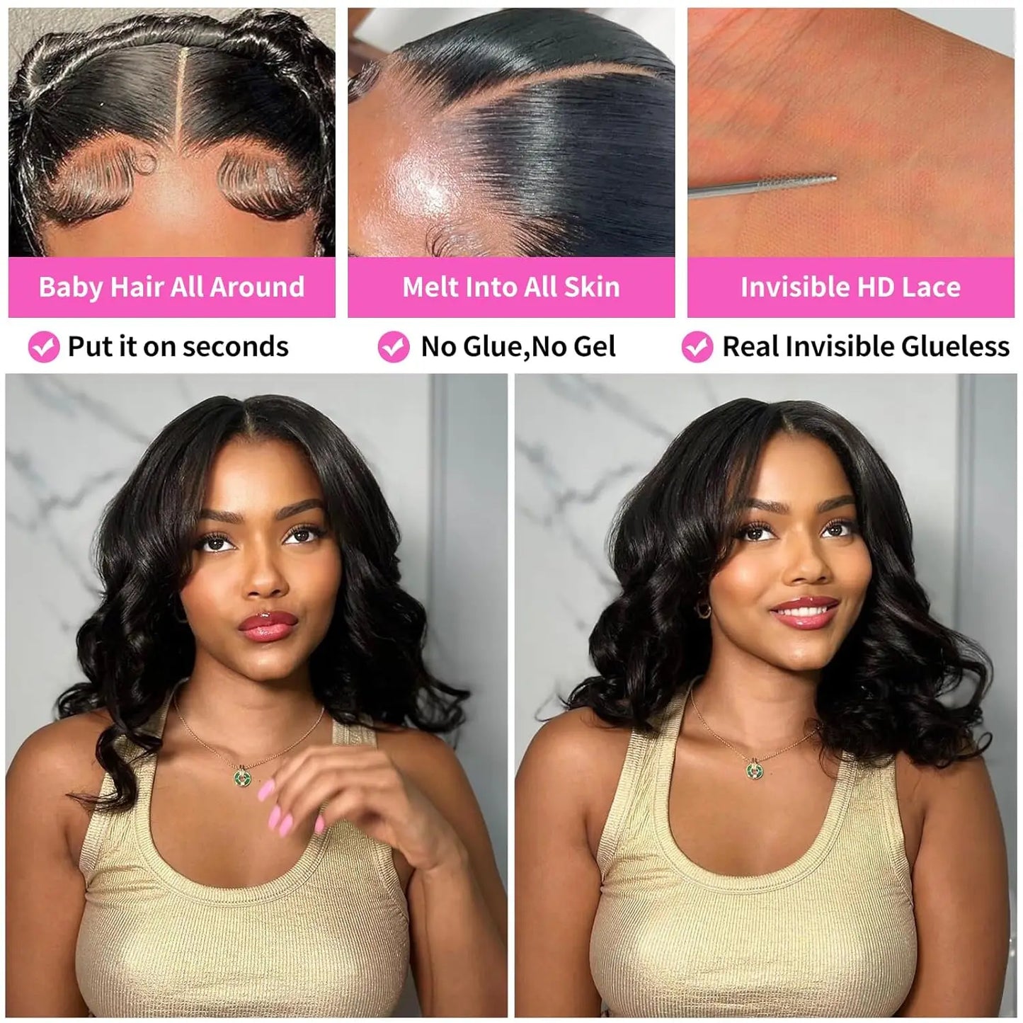 Lace Front Bob Wig | Short Body Wave, HD Closure, Brazilian Virgin Human Hair, Natural Black