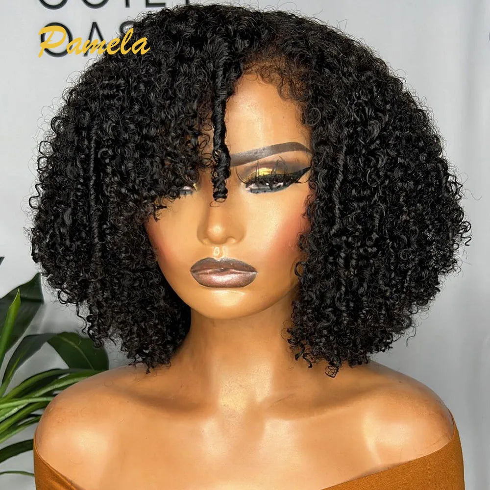 4C Kinky Edges Natural Hairline Glueless Wig Human Hair Ready To Go Curly Bob 13x4 Transparent Lace Front Wig With Bady Hair